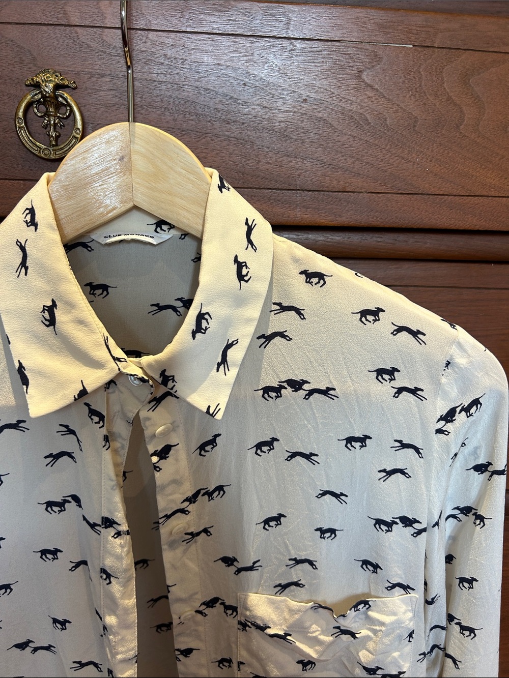 100% silk Club Monaco Cream Button-Down Shirt with Navy Greyhound Print